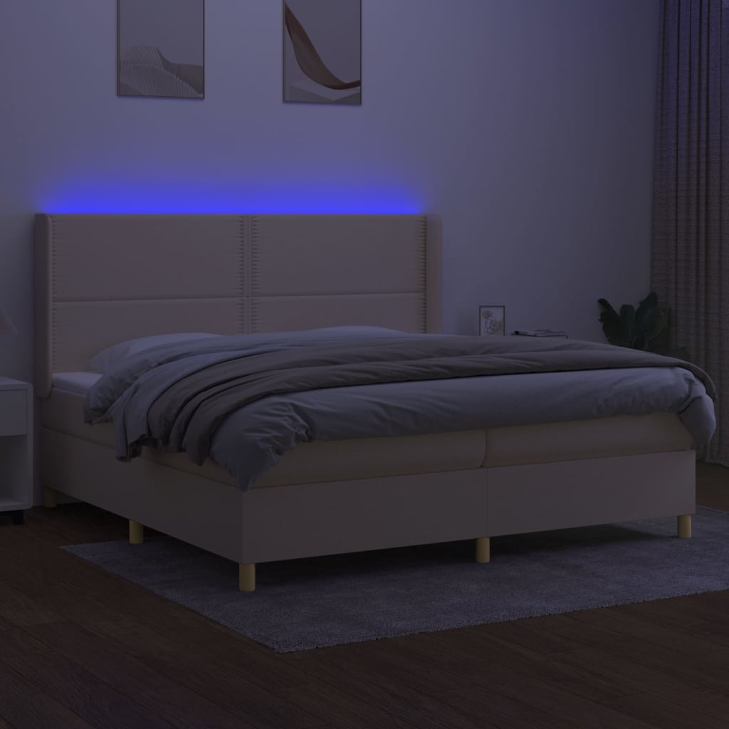 vidaXL Box spring postelja z vzmetnico LED krem 200x200 cm blago