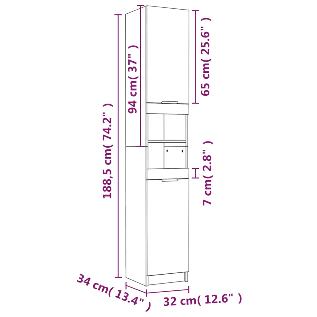 vidaXL Kopalniška omarica sonoma hrast 32x34x188,5 cm konstruiran les
