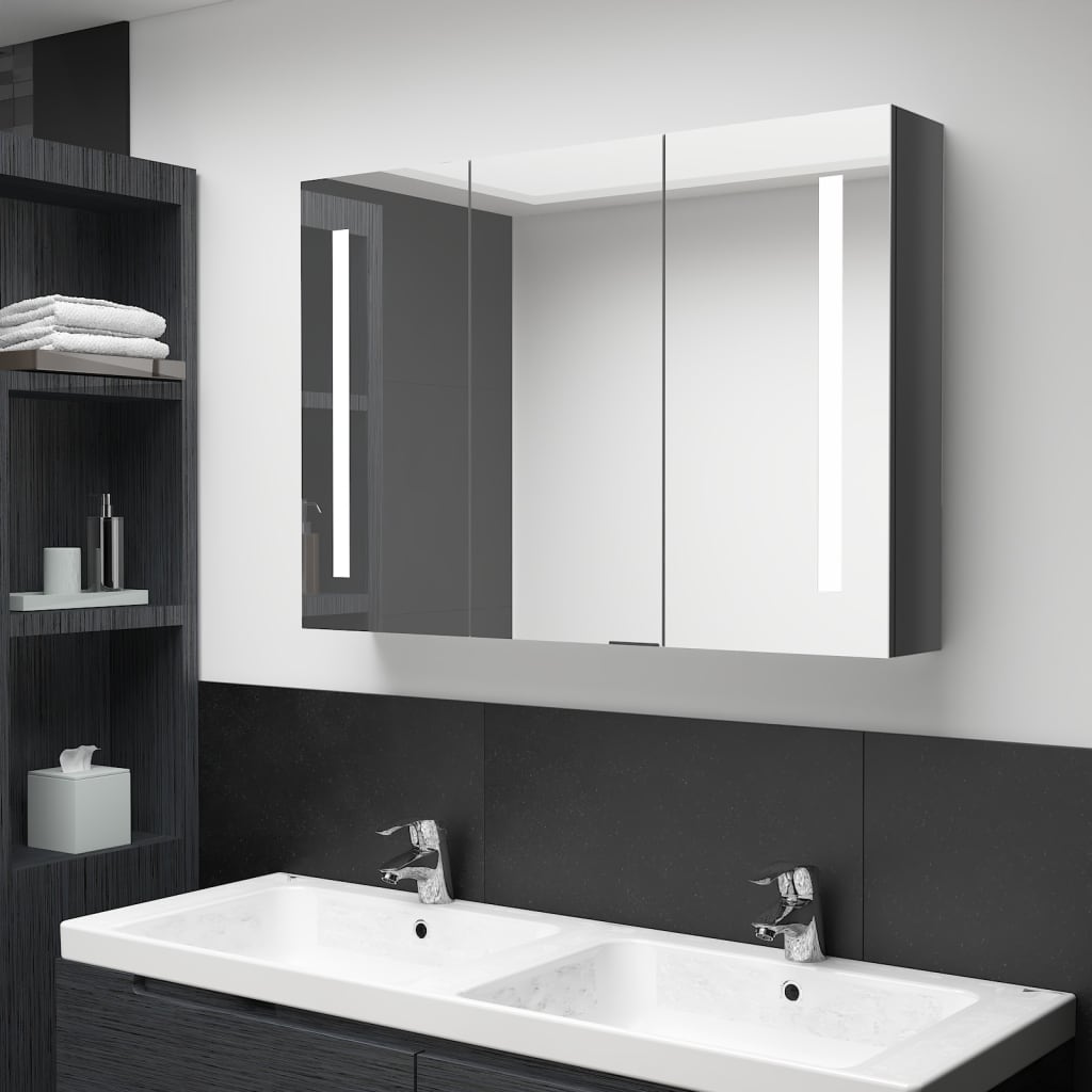 vidaXL LED kopalniška omarica z ogledalom 89x14x62 cm sijoče siva