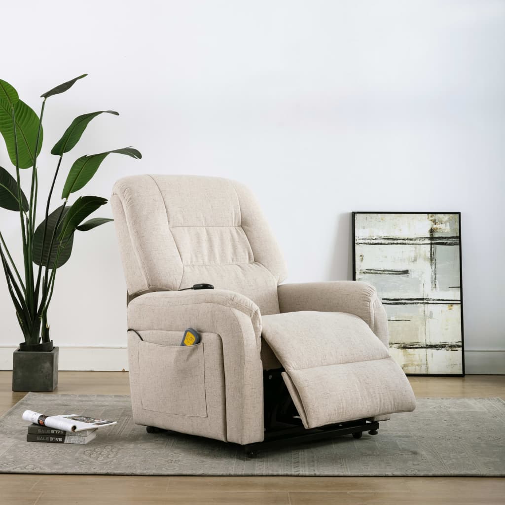 vidaXL Električni dvižni masažni TV fotelj krem blago