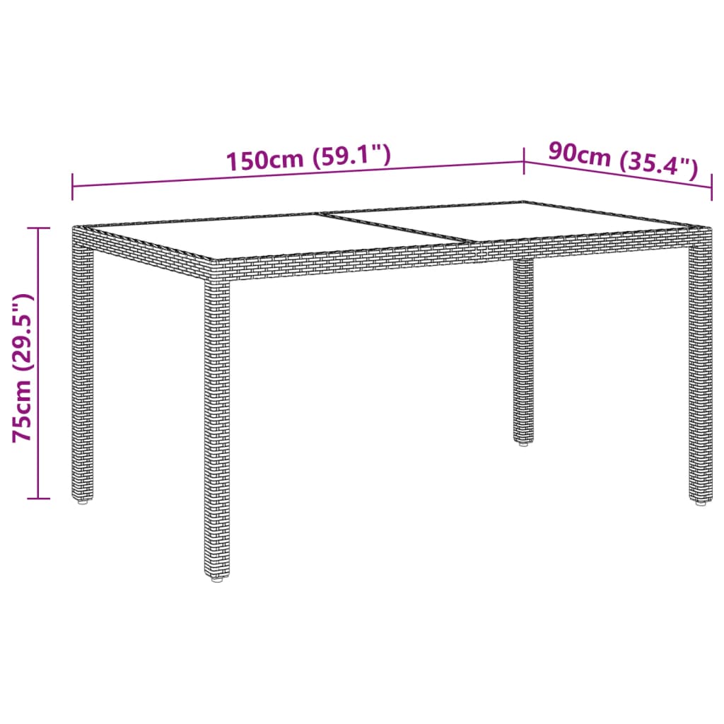 vidaXL Vrtna miza 150x90x75 cm kaljeno steklo in poli ratan rjava