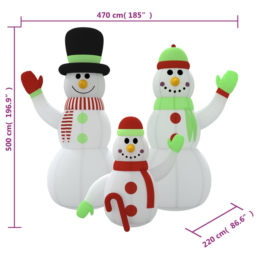 vidaXL Napihljiva družina snežakov z LED lučkami 500 cm
