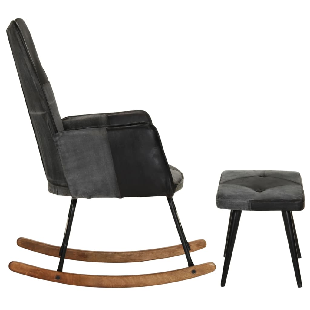 vidaXL Gugalni stol s stolčkom za noge črno pravo usnje in platno
