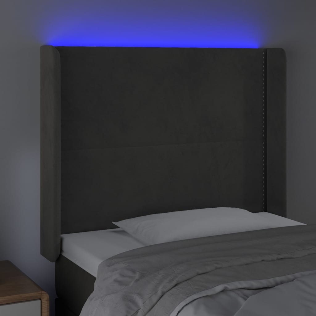 vidaXL LED posteljno vzglavje temno sivo 83x16x118/128 cm žamet