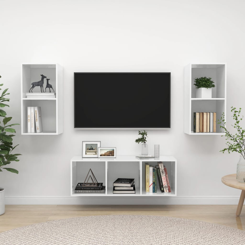 vidaXL TV omarica 3-delna visok sijaj bela iverna plošča