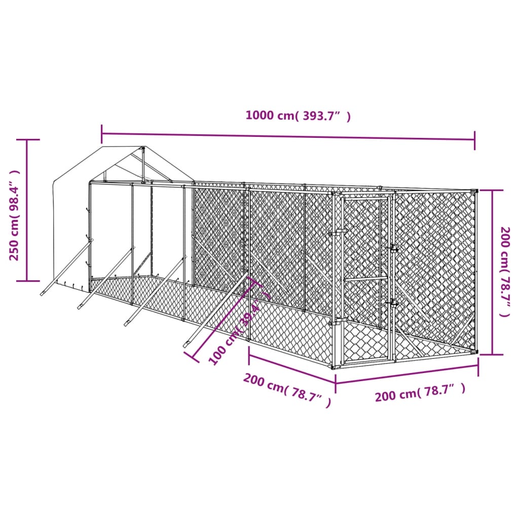 vidaXL Zunanja pasja ograda s streho srebrna 2x10x2,5m pocinkano jeklo