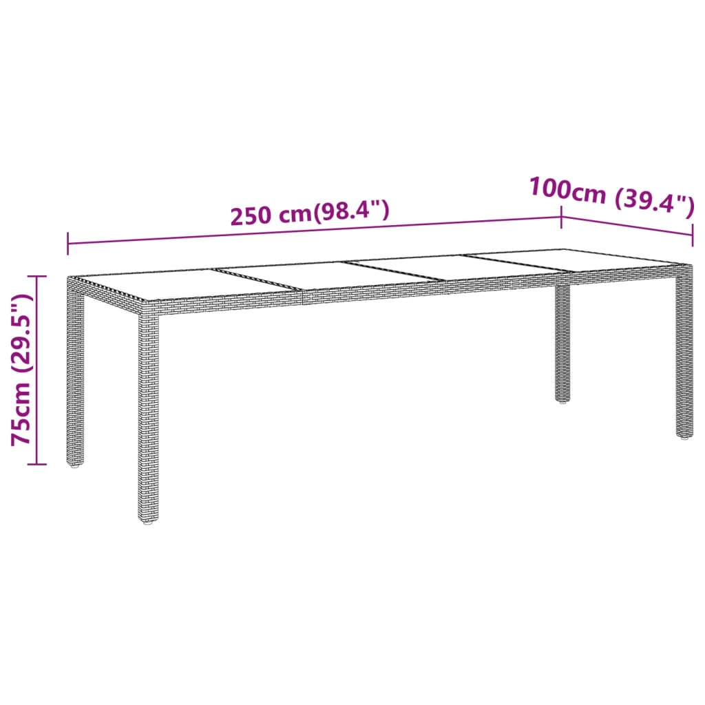 vidaXL Vrtna miza 250x100x75 cm kaljeno steklo in poli ratan siva