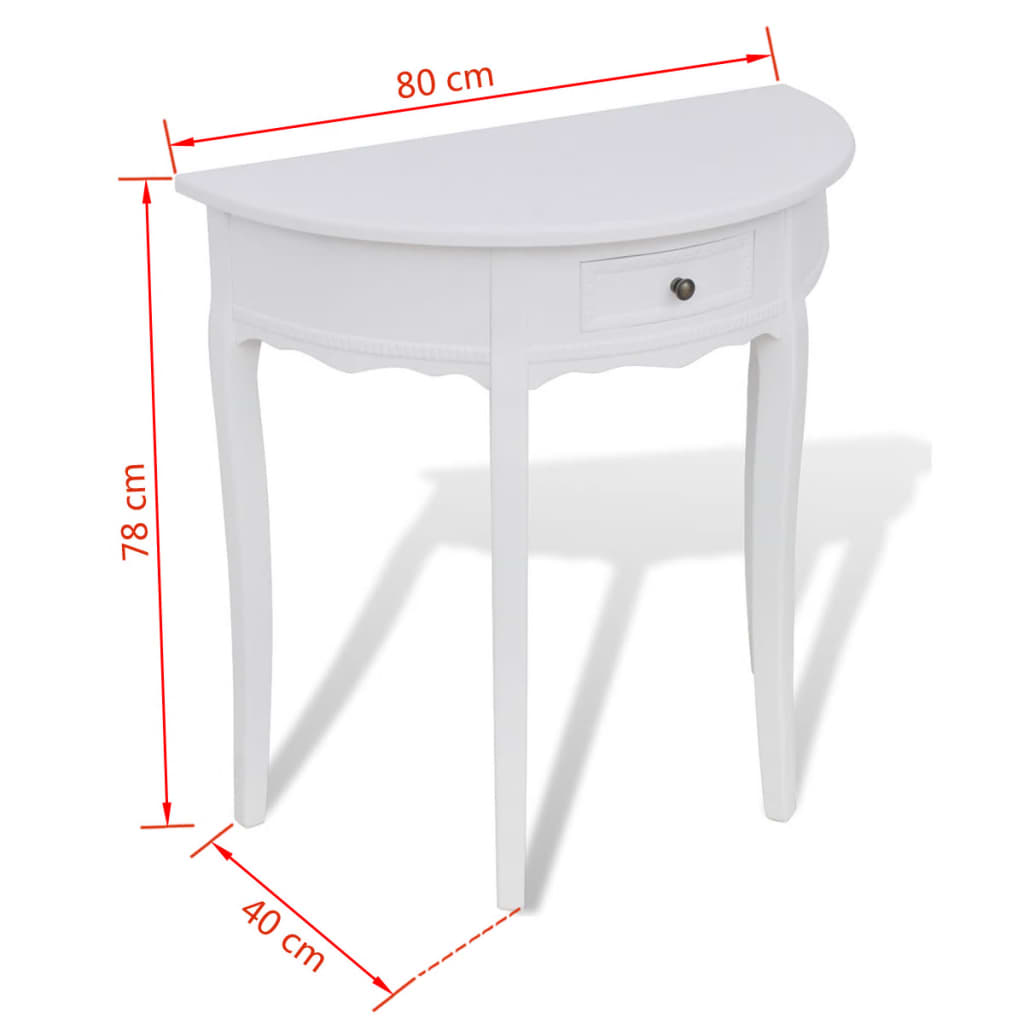 vidaXL Konzolna mizica s predalom polkrožna bela