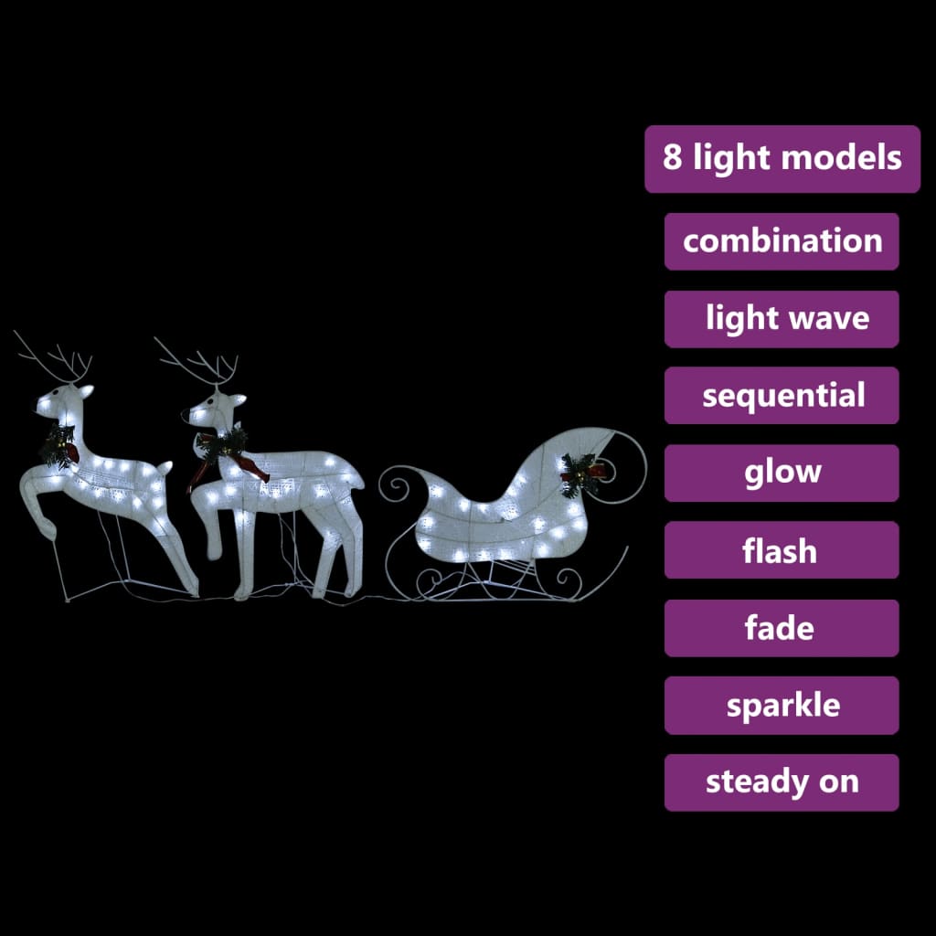 vidaXL Severni jelen in sani božični okras 60 LED zunanji bele barve