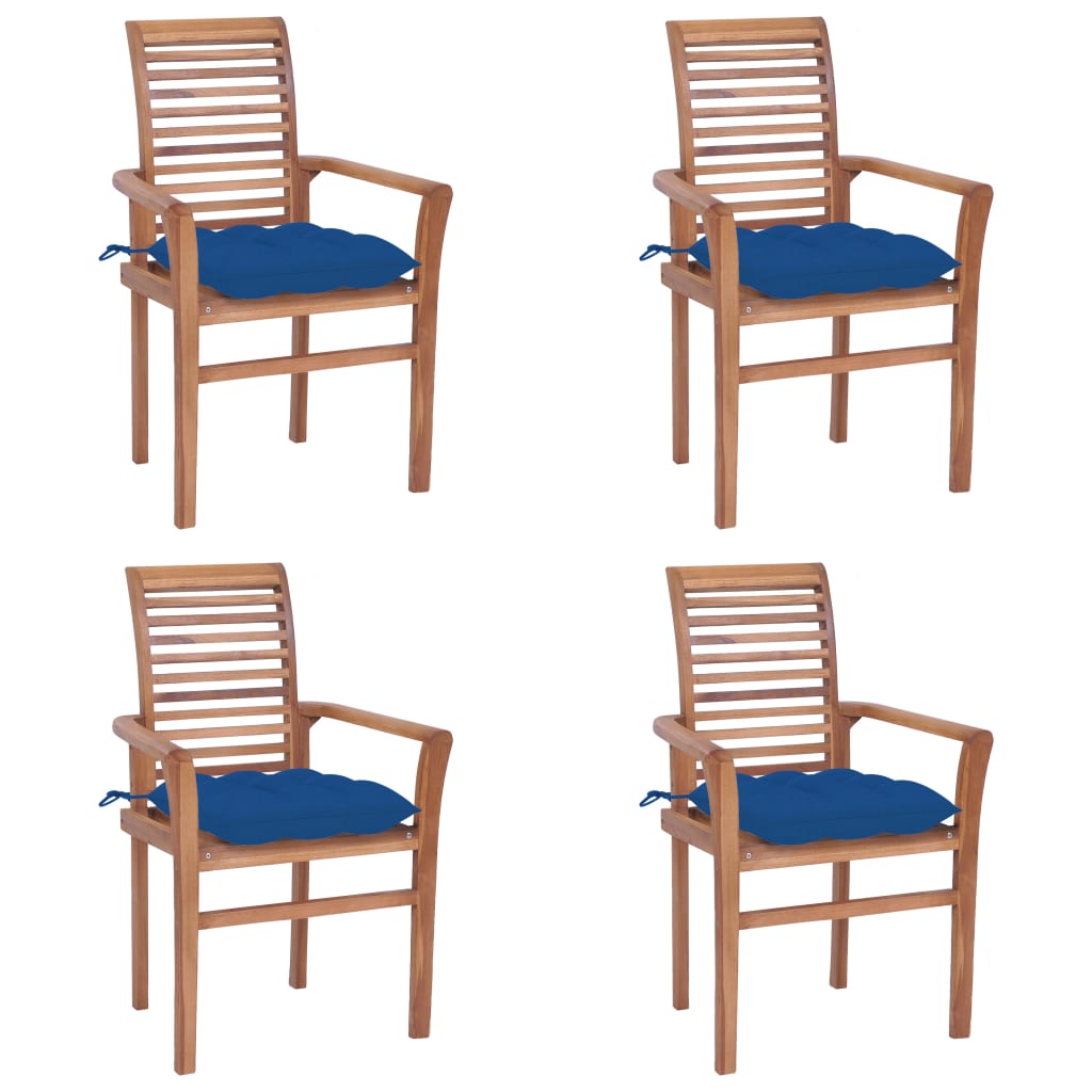 vidaXL Jedilni stoli 4 kosi z modrimi blazinami trdna tikovina