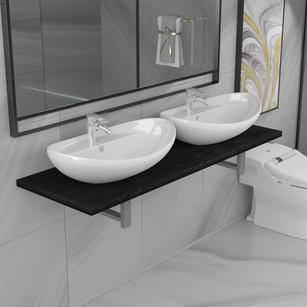 vidaXL Tridelni komplet kopalniškega pohištva iz keramike črn