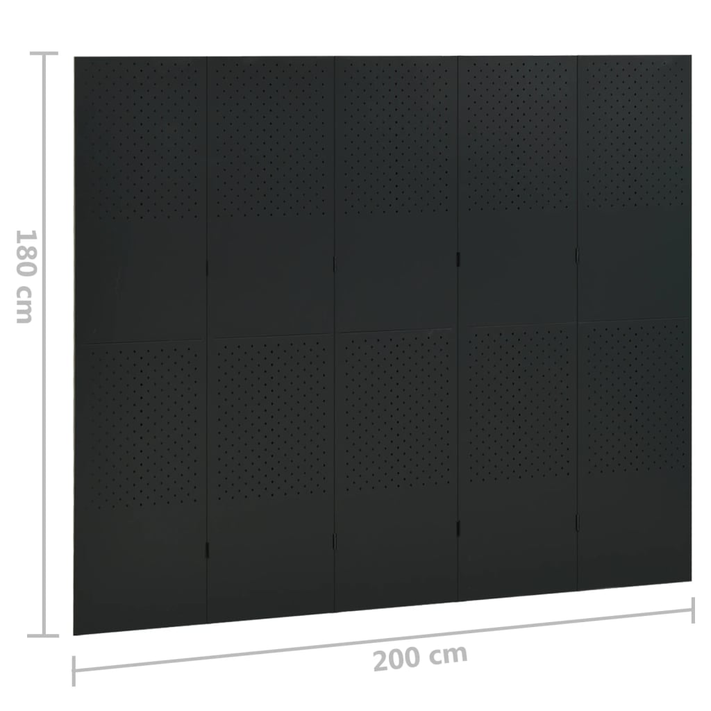 vidaXL Paravan 5-delni 2 kosa črn 200x180 cm jeklo