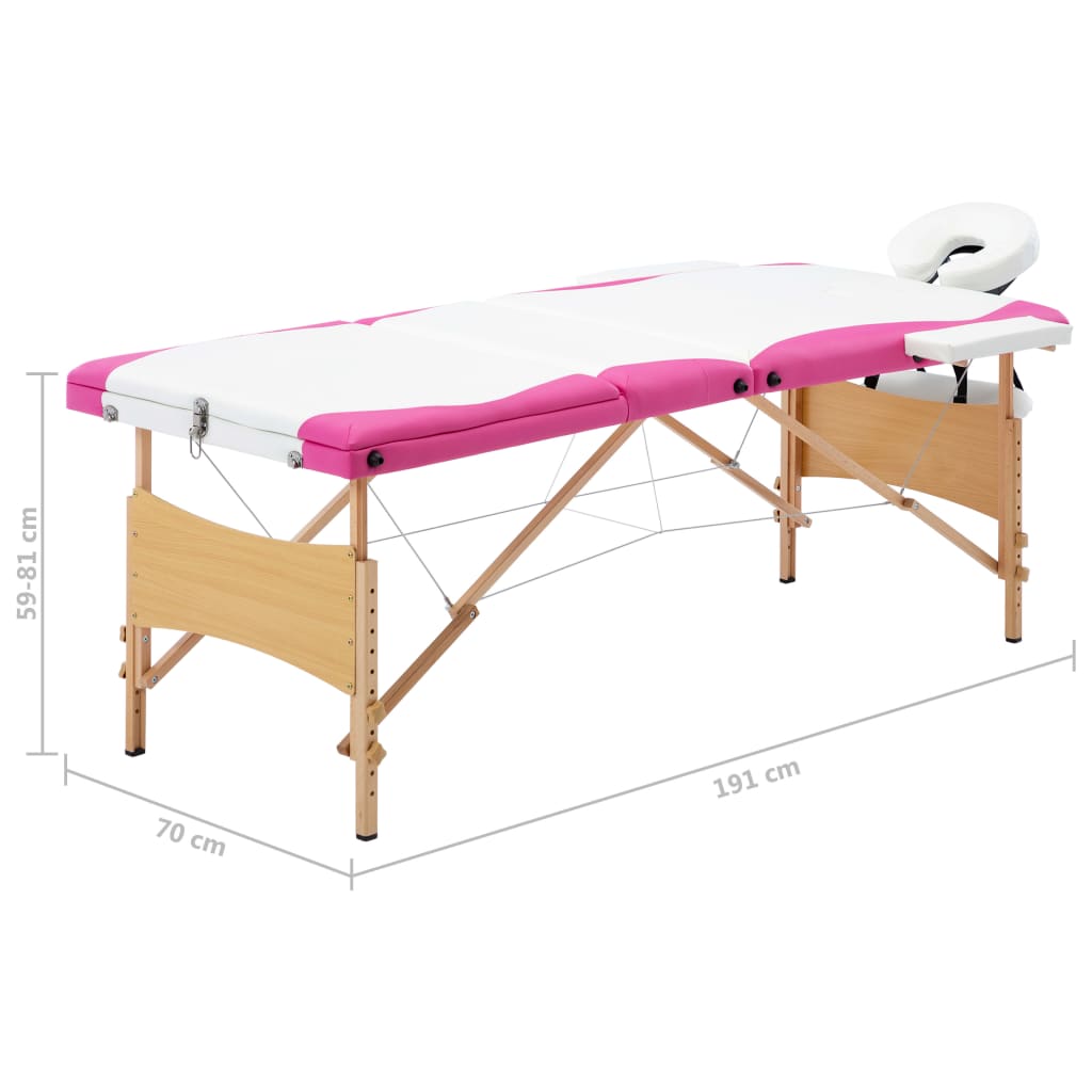vidaXL Zložljiva masažna miza 3 cone les bela in roza