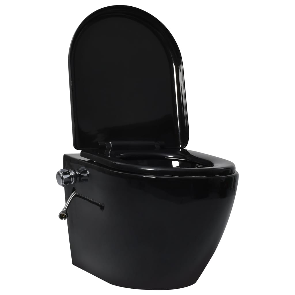 vidaXL Viseča WC školjka brez roba z vgradnim kotličkom črna keramika
