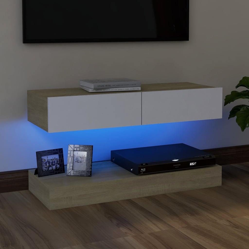 vidaXL TV omarica z LED lučkami bela in sonoma hrast 90x35 cm