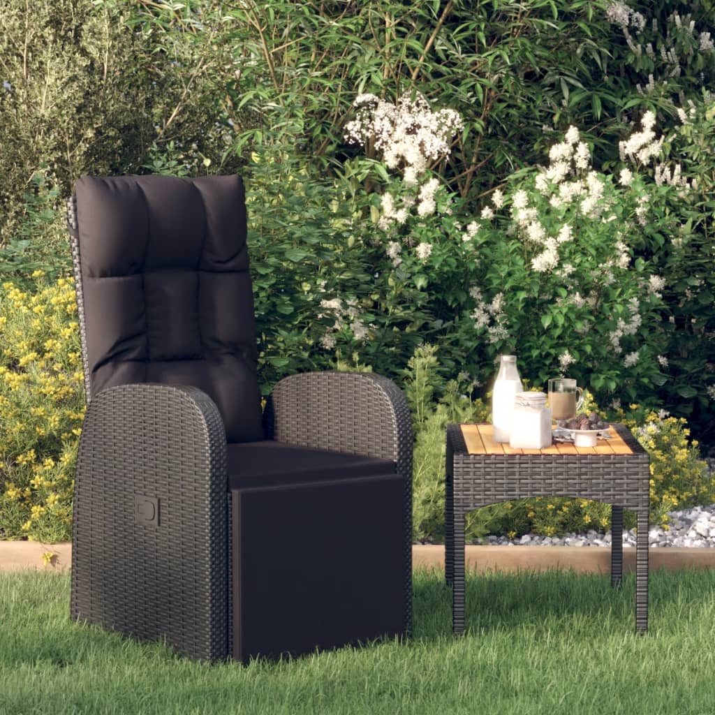 vidaXL Nastavljiv vrtni stol z blazino poli ratan črn