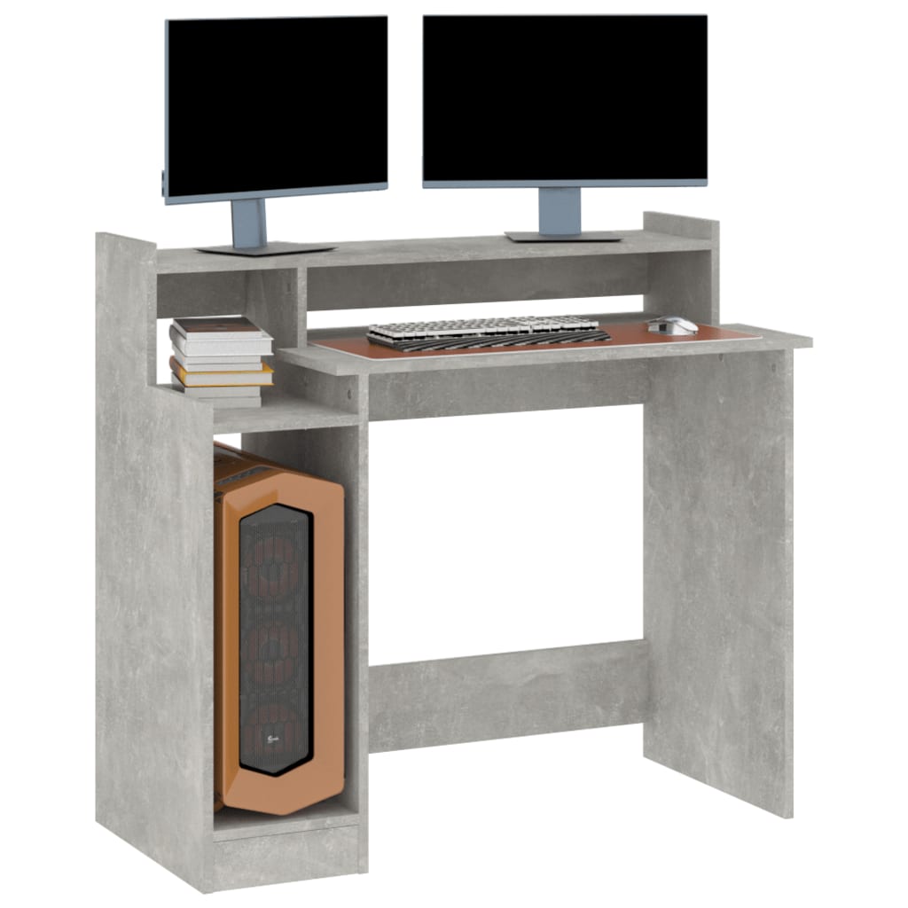 vidaXL Pisalna miza z LED lučkami betonsko siva 97x45x90 cm inž. les