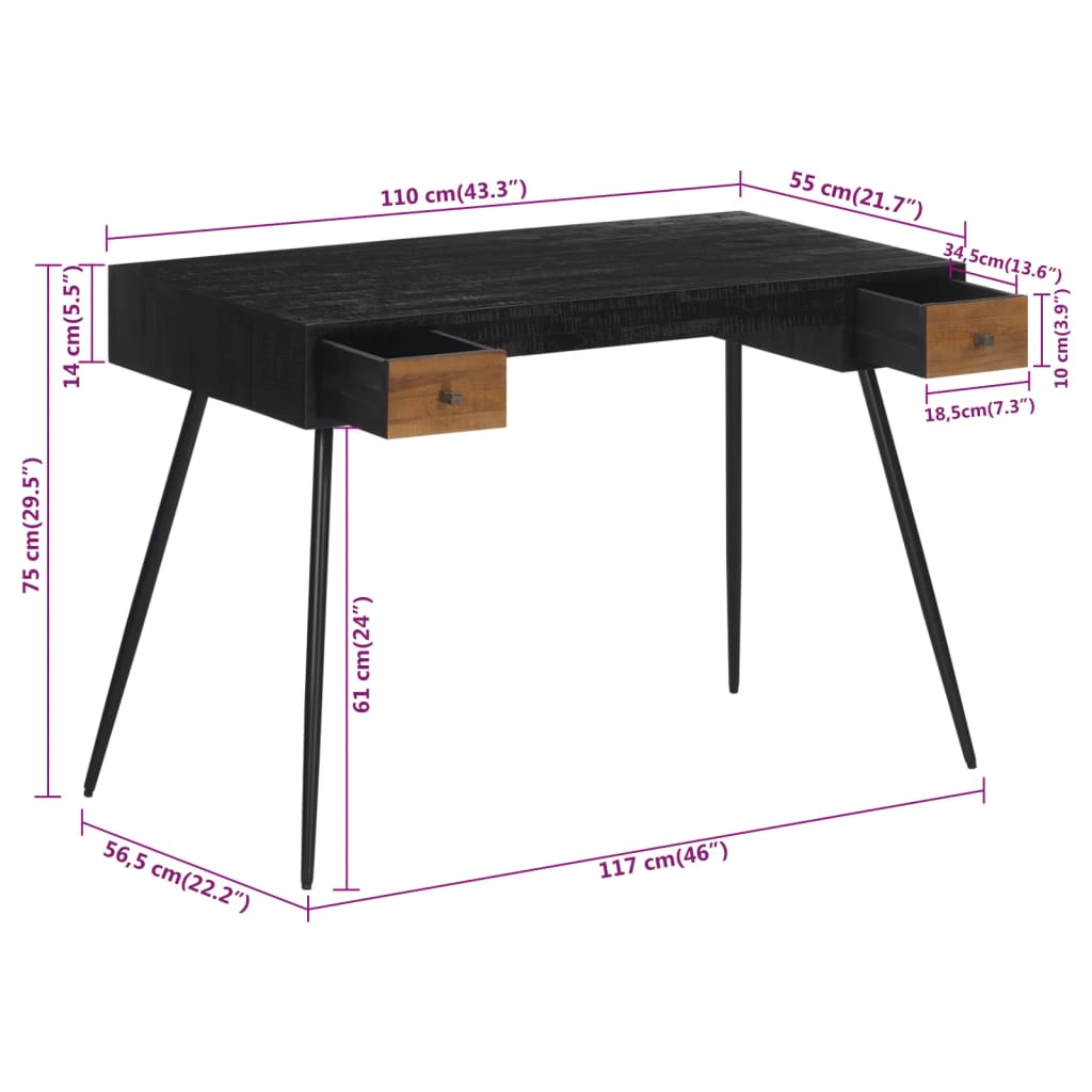 vidaXL Pisalna miza 117x56,5x75 cm trdna predelana tikovina