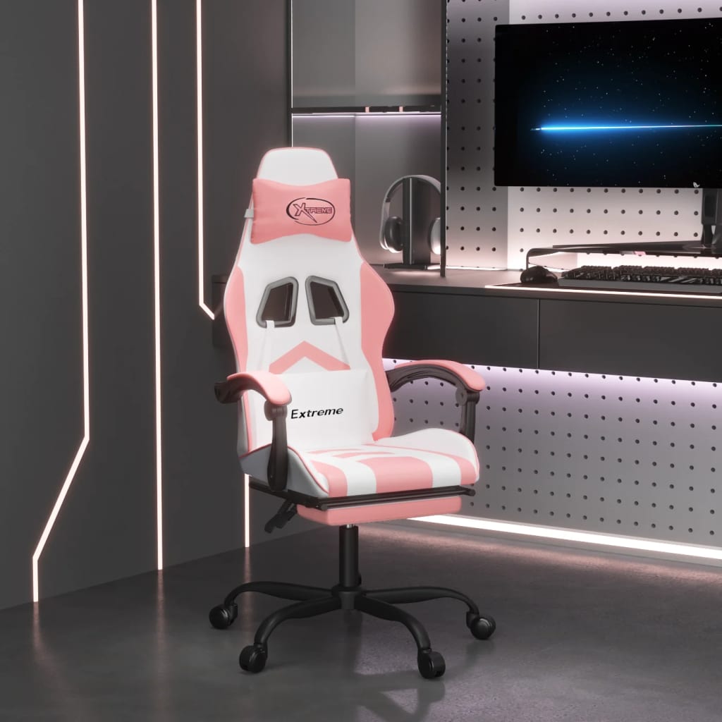 vidaXL Vrtljivi gaming stol z oporo za noge belo in roza umetno usnje
