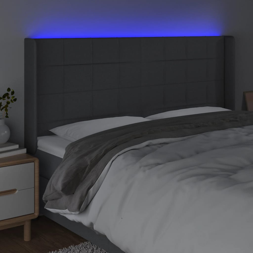 vidaXL LED posteljno vzglavje temno sivo 203x16x118/128 cm blago