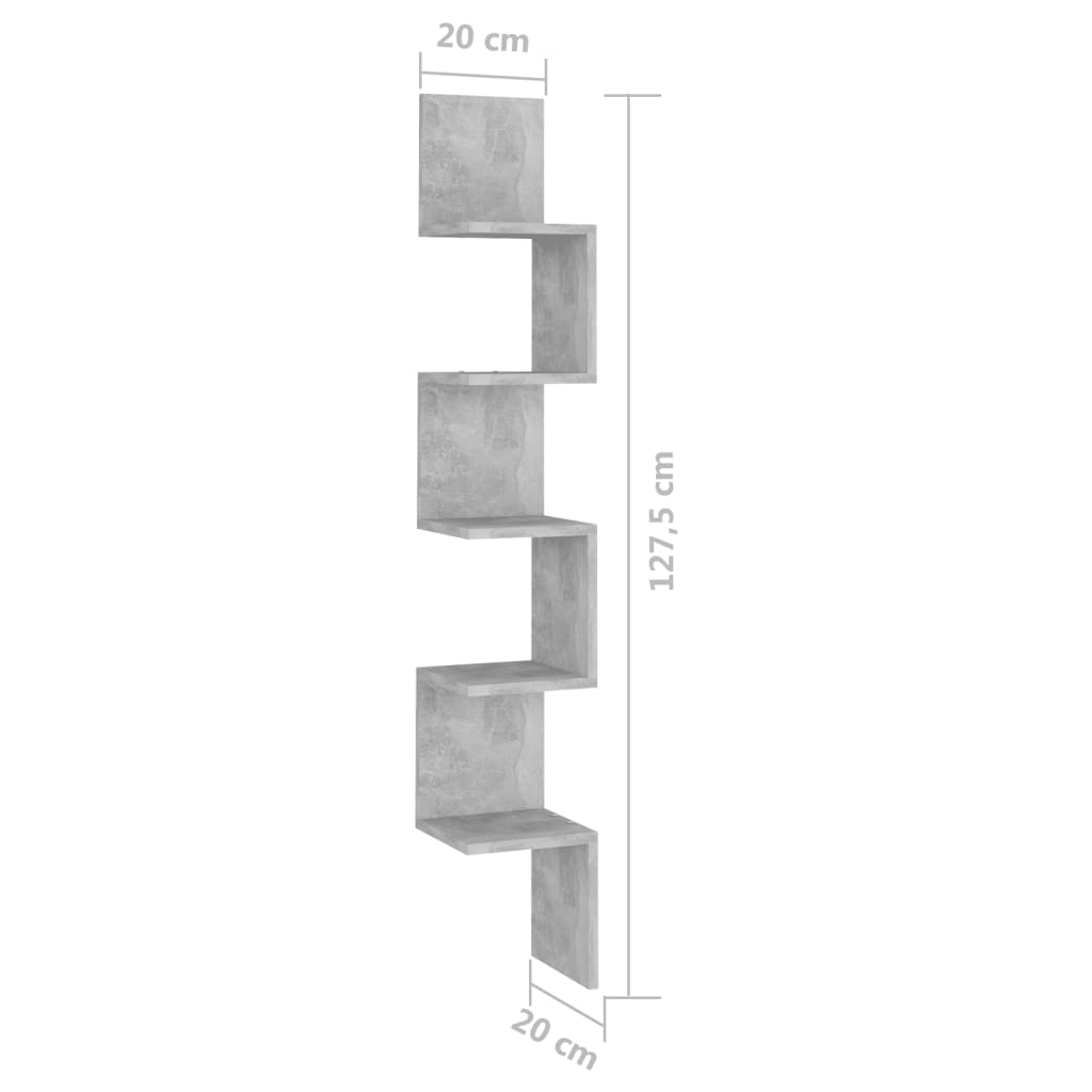 vidaXL Stenska kotna polica betonsko siva 20x20x127,5 cm iverna plošča
