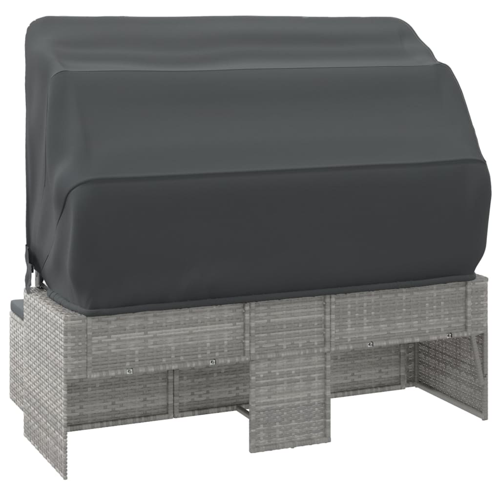 vidaXL Vrtni kavč trosed s streho in stolčkom za noge siv poli ratan