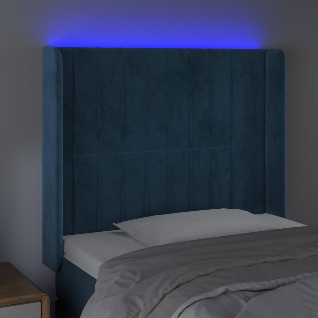 vidaXL LED posteljno vzglavje temno modro 103x16x118/128 cm žamet