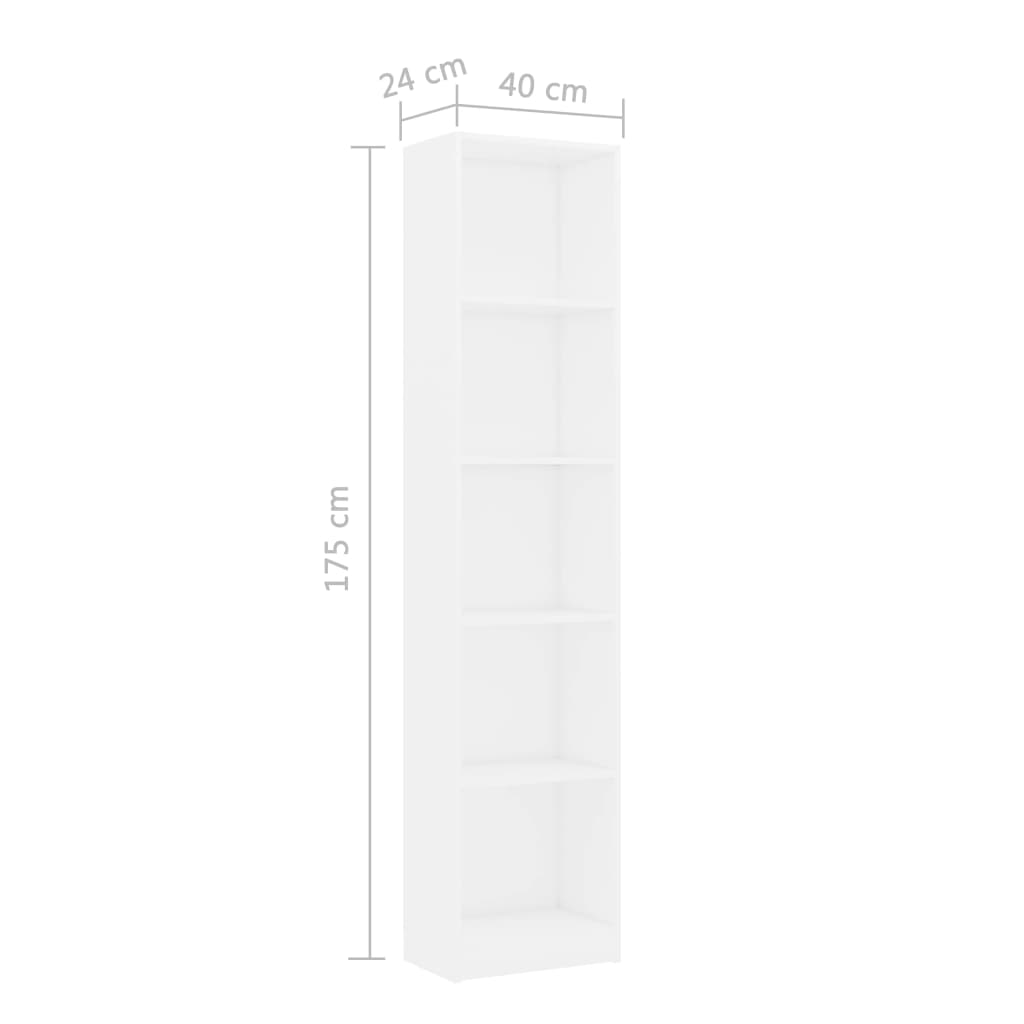 vidaXL Knjižna omara 5-nadstropna bela 40x24x175 cm iverna plošča