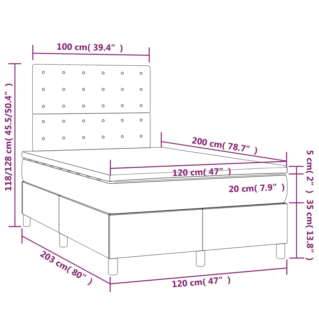 vidaXL Box spring postelja z vzmetnico LED temno siva 120x200 cm blago