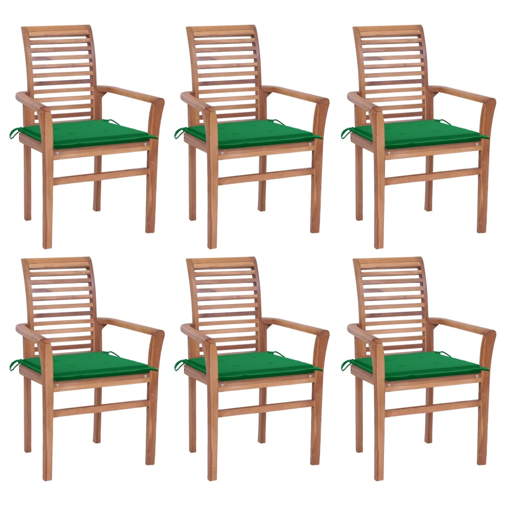 vidaXL Jedilni stoli 6 kosov z zelenimi blazinami trdna tikovina