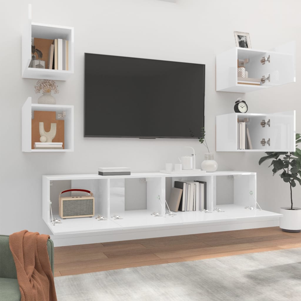 vidaXL Komplet TV omaric 6-delni visok sijaj bel inženirski les