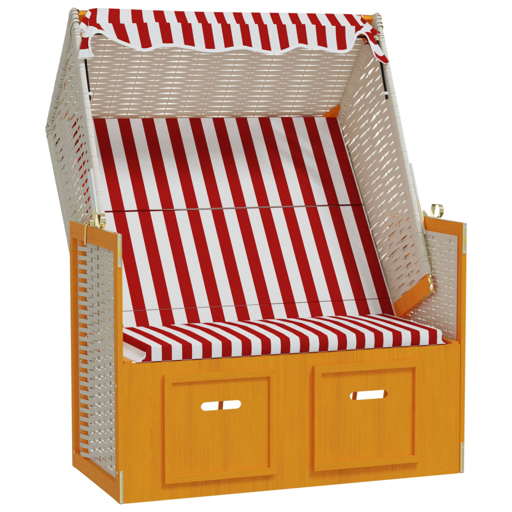 vidaXL Stol za na plažo s streho poli ratan in trden les rdeč in bel