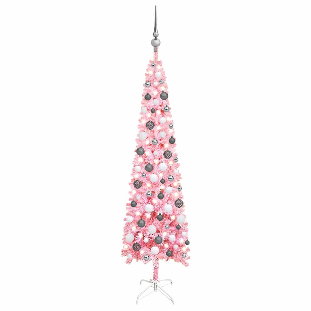 vidaXL Ozka osvetljena novoletna jelka z bunkicami roza 150 cm