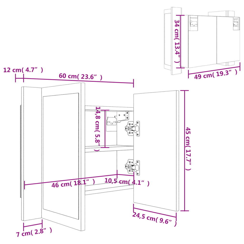 vidaXL LED omarica z ogledalom siva sonoma 60x12x45 cm inženirski les