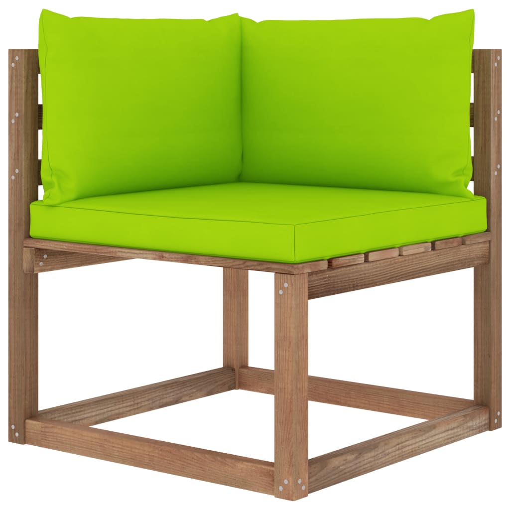 vidaXL Vrtni kotni kavč iz palet s svetlo zelenimi blazinami