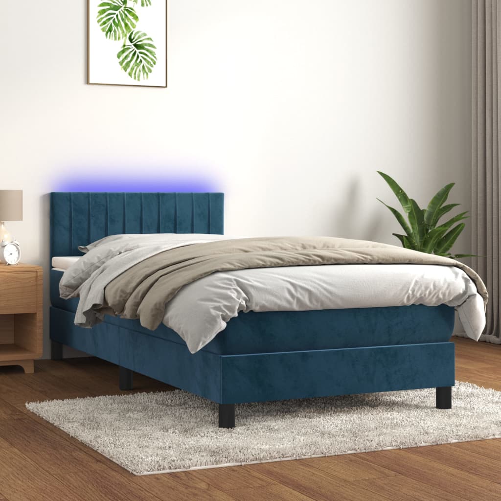 vidaXL Box spring postelja z vzmetnico LED temno modra 80x200 cm žamet