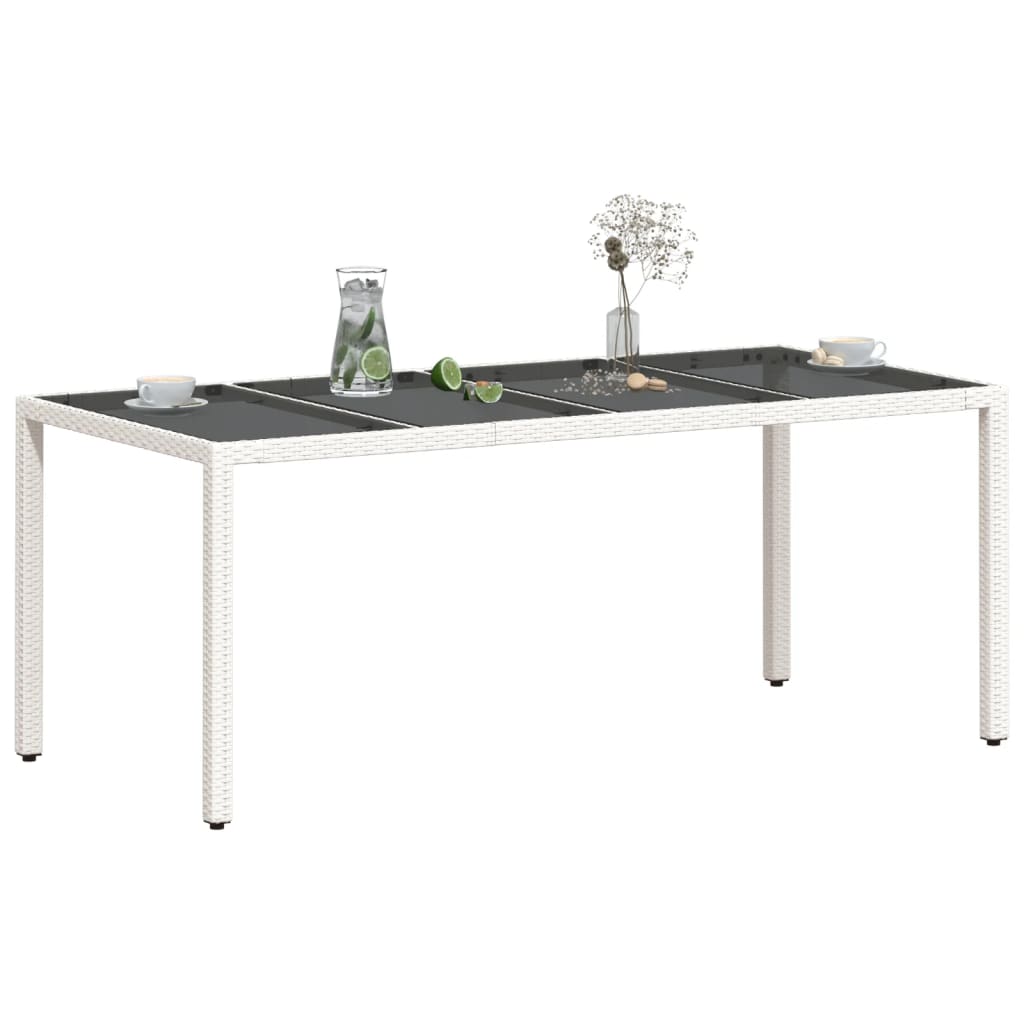vidaXL Vrtna miza s stekleno ploščo bela 190x90x75 cm poli ratan