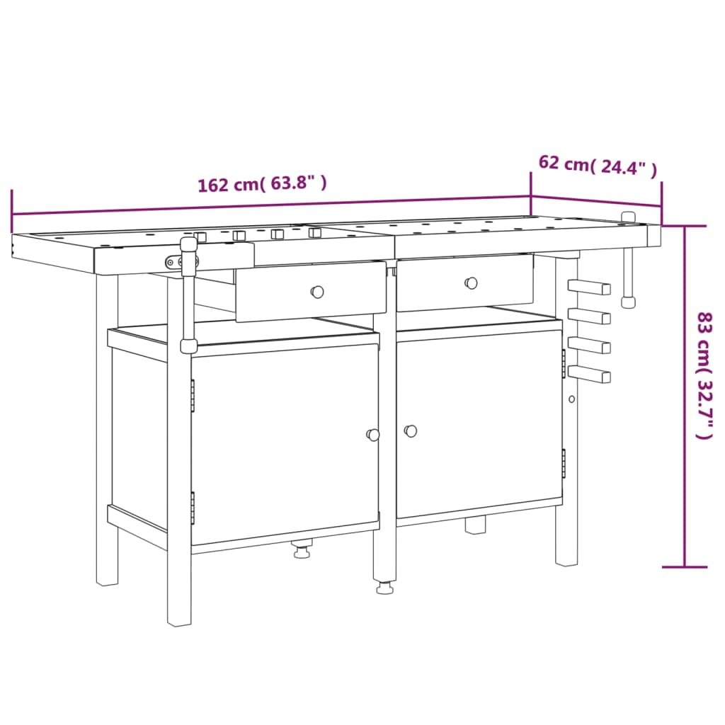 vidaXL Delovna miza s predali in primeži 162x62x83 cm trdna akacija