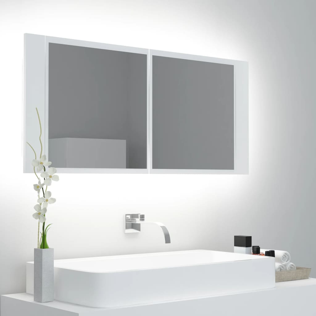 vidaXL LED kopalniška omarica z ogledalom bela 100x12x45 cm akril