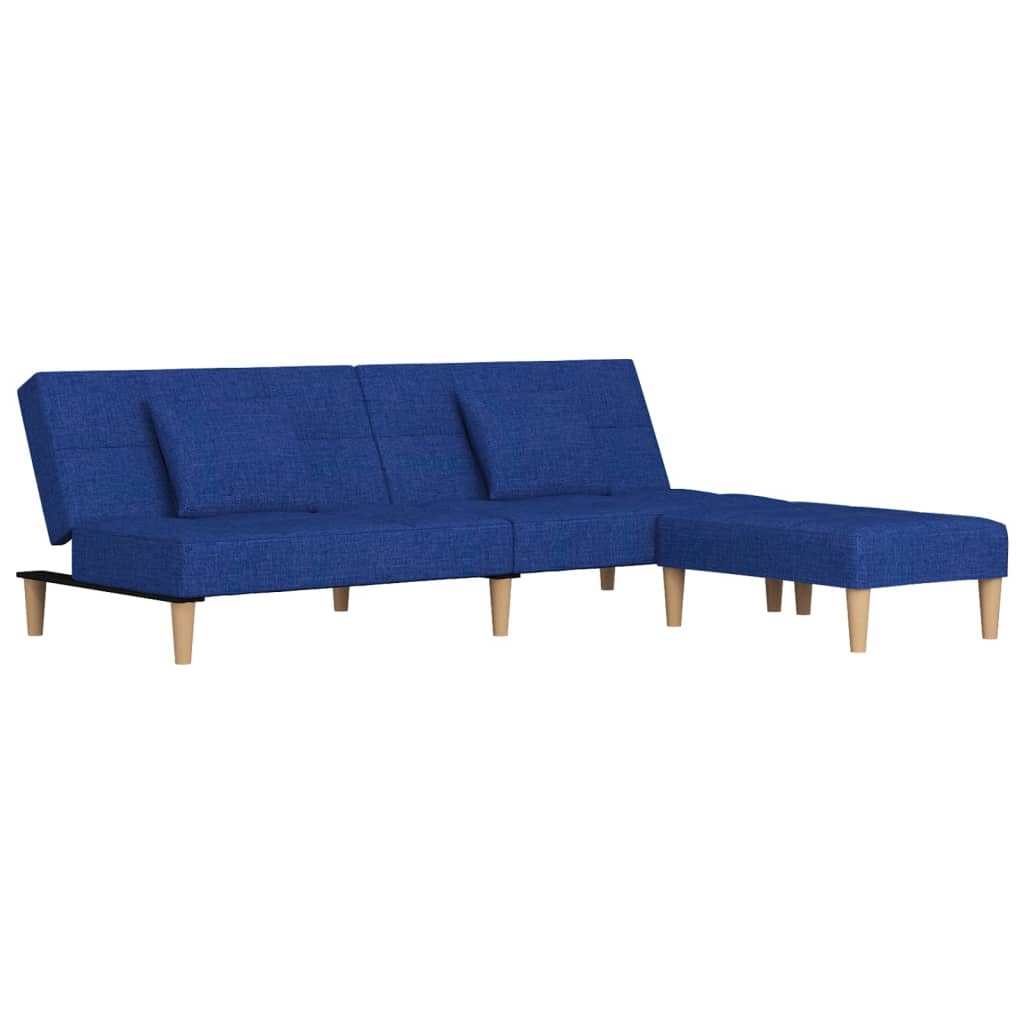 vidaXL Kavč dvosed z ležiščem, blazinama in stolčkom modro blago