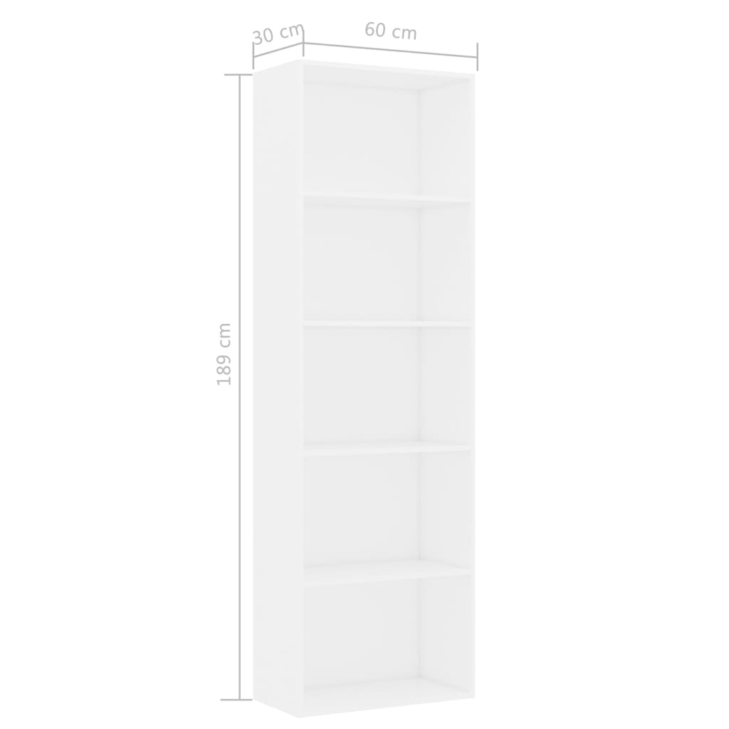 vidaXL Knjižna omara 5-nadstropna bela 60x30x189 cm iverna plošča