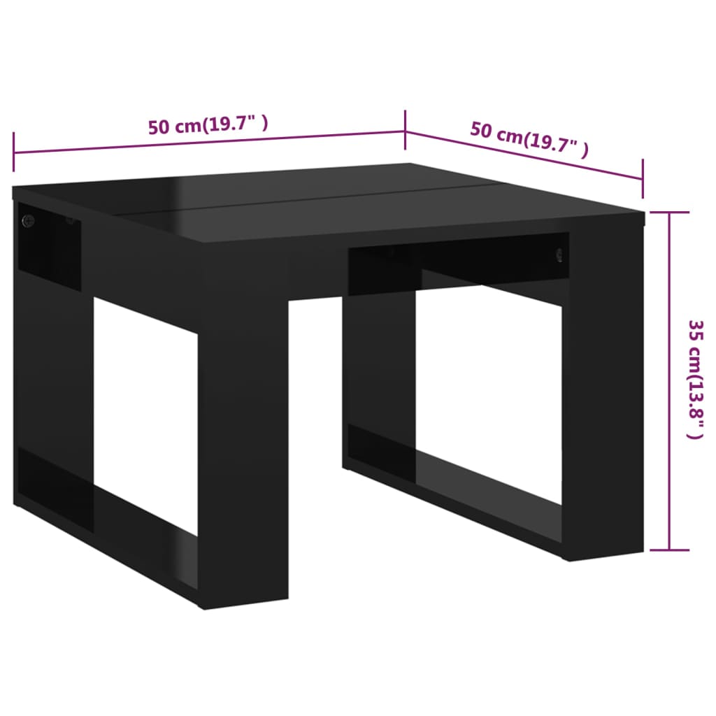 vidaXL Stranska mizica visok sijaj črna 50x50x35 cm iverna plošča