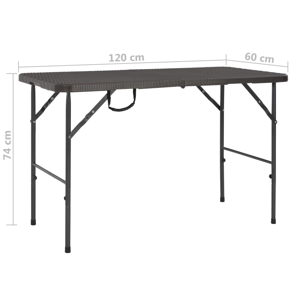 vidaXL Zložljiva vrtna miza rjava 120x60x74 cm HDPE videz ratana