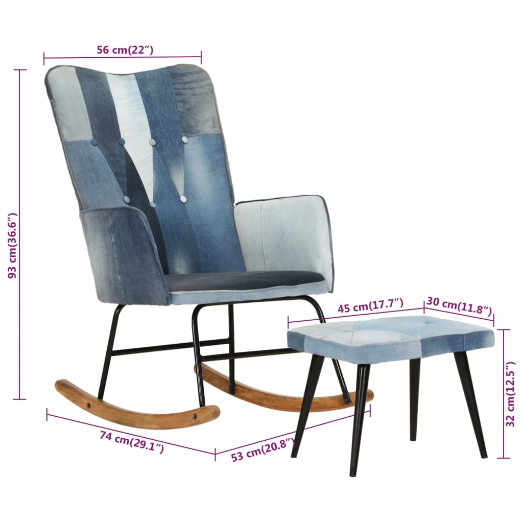 vidaXL Gugalni stol s stolčkom za noge denim krpanka platno