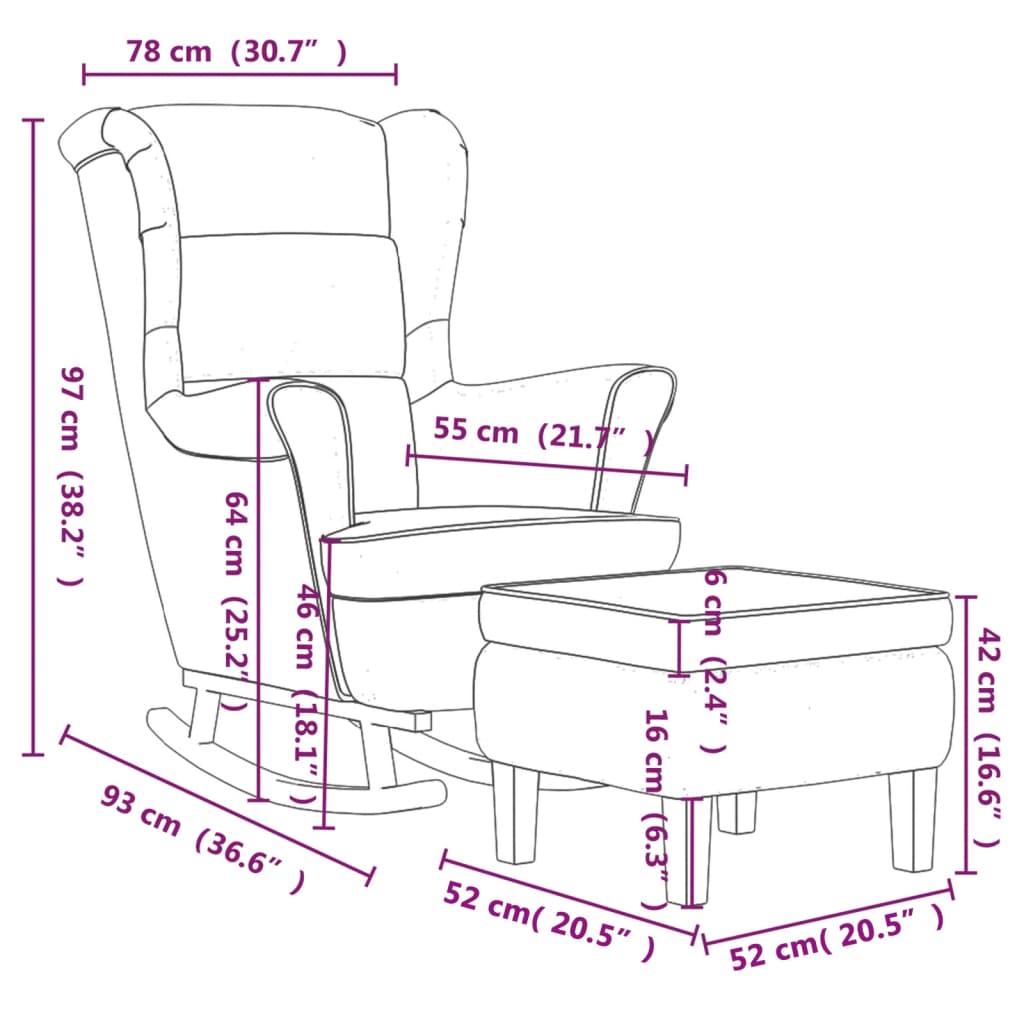vidaXL Gugalni stol z lesenimi nogami in stolčkom svetlo siv žamet