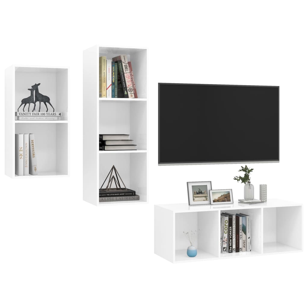 vidaXL Komplet TV omaric 3-delni visok sijaj bela iverna plošča