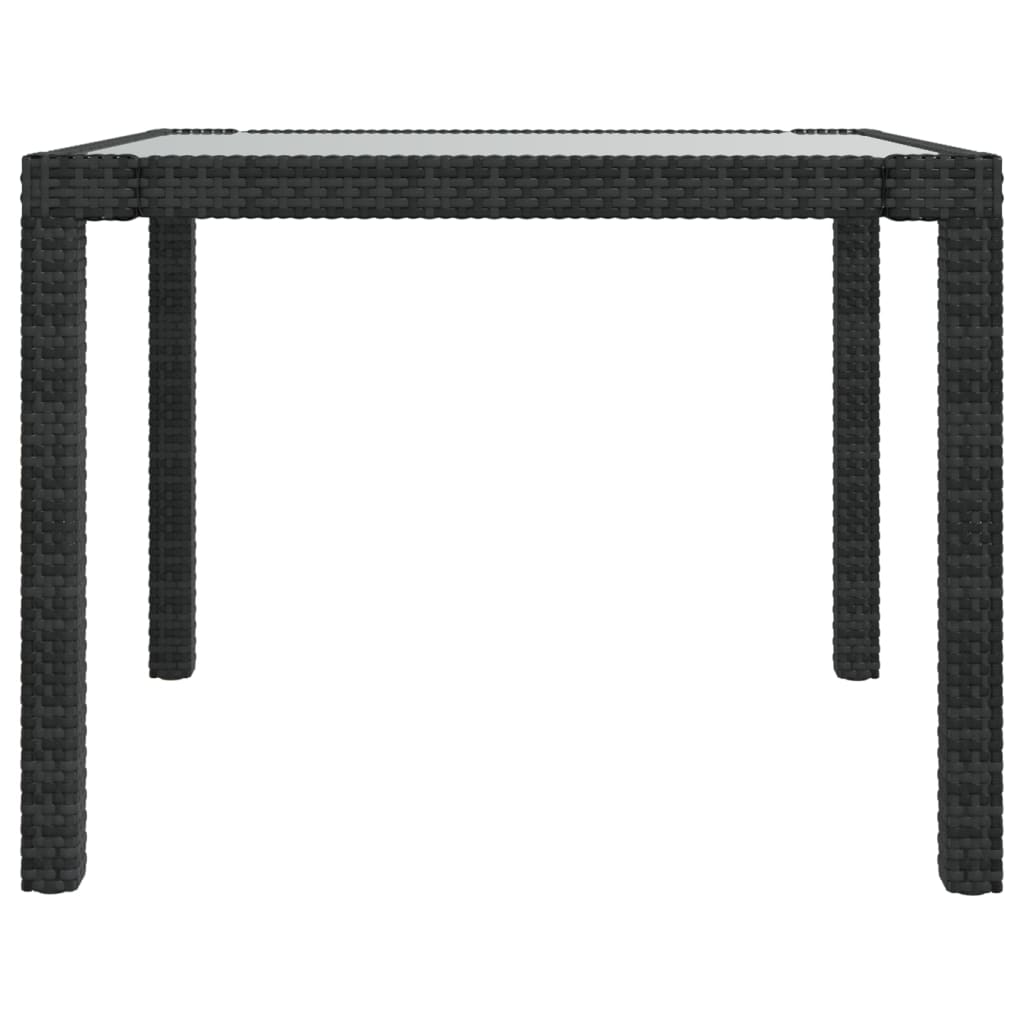 vidaXL Vrtna miza 90x90x75 cm kaljeno steklo in poli ratan črna