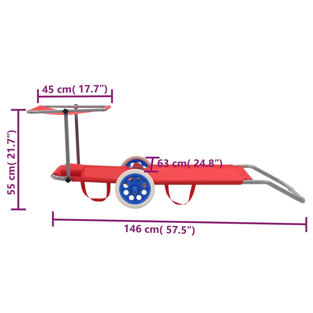 vidaXL Zložljiv ležalnik s streho in kolesi jeklo rdeč