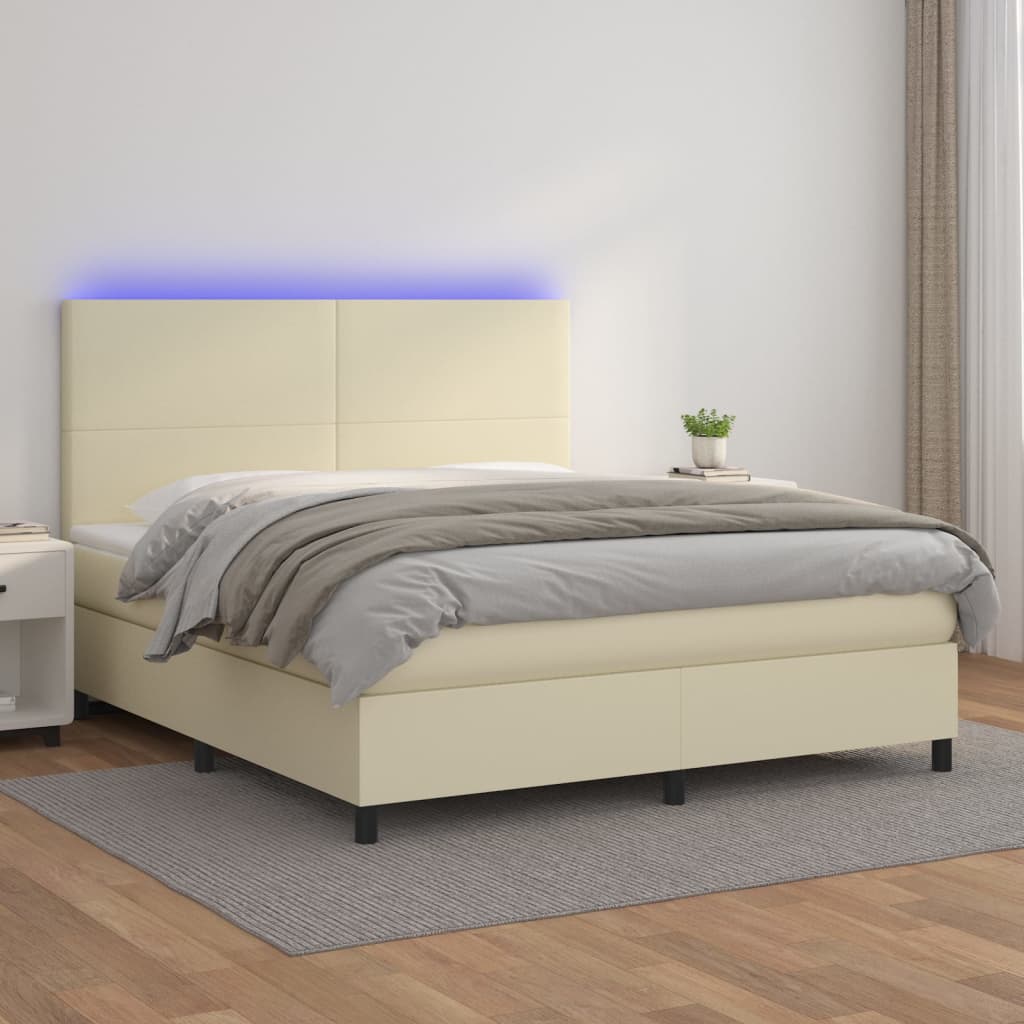 vidaXL Box spring postelja z vzmetnico LED krem 180x200 cm