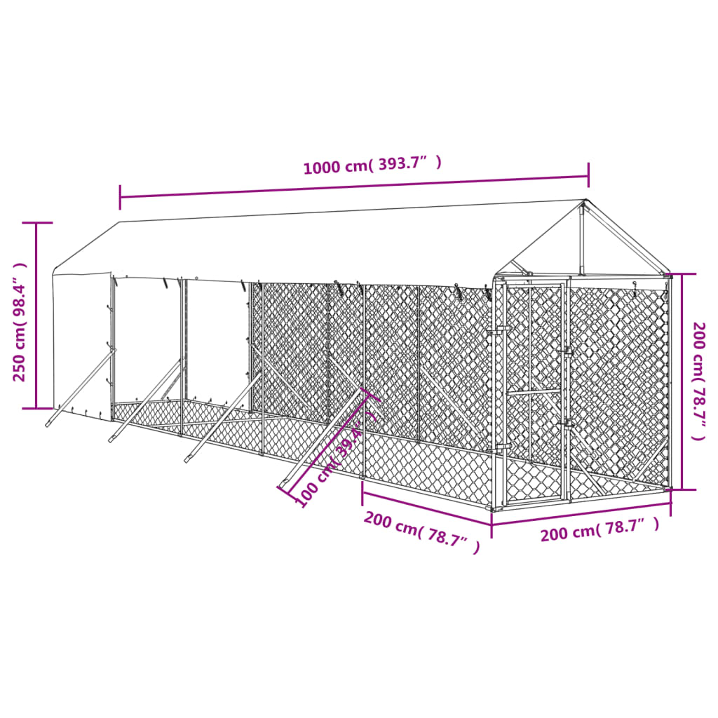 vidaXL Zunanja pasja ograda s streho srebrna 2x10x2,5m pocinkano jeklo